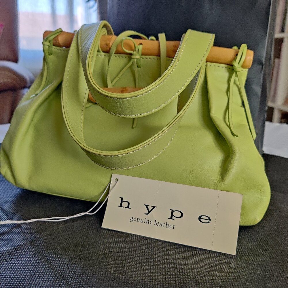 Hype Genuine Leather Bamboo Satchel Bag ~Gorgeous Lime Green Color